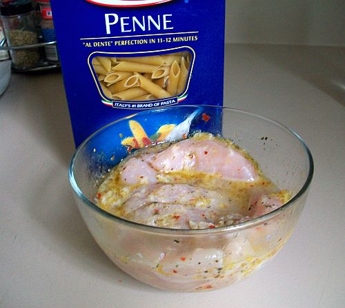 Penne pasta and marinated chicken breasts! Huzzah!